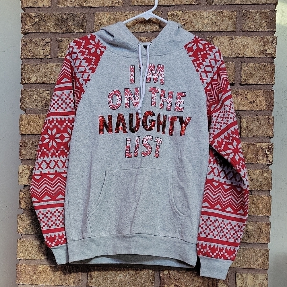 Derek Heart "Im On The Naughty List" Gray and Red Festive Hoodie Size Small